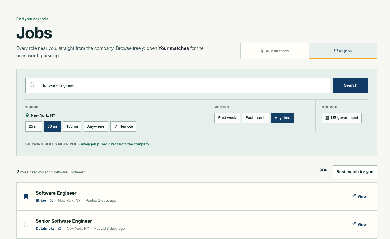 Applicora job search showing profile matches, keyword search, distance controls, and current roles