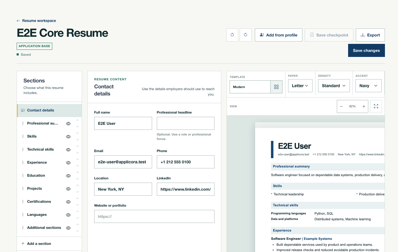Applicora Resume Builder with editable sections, template controls, and a live document preview